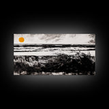 Coastal, Minimalist, Black and White, Framed Canvas Print, Ocean Sunset Wall Art, Beach House Decor, Nautical Artwork, Serene Seascape