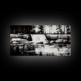 Waterfall Landscape, Black and White Nature Art, Forest Wall Decor, Rustic Art, Minimalist Landscape, Cabin Artwork, Framed Canvas Print
