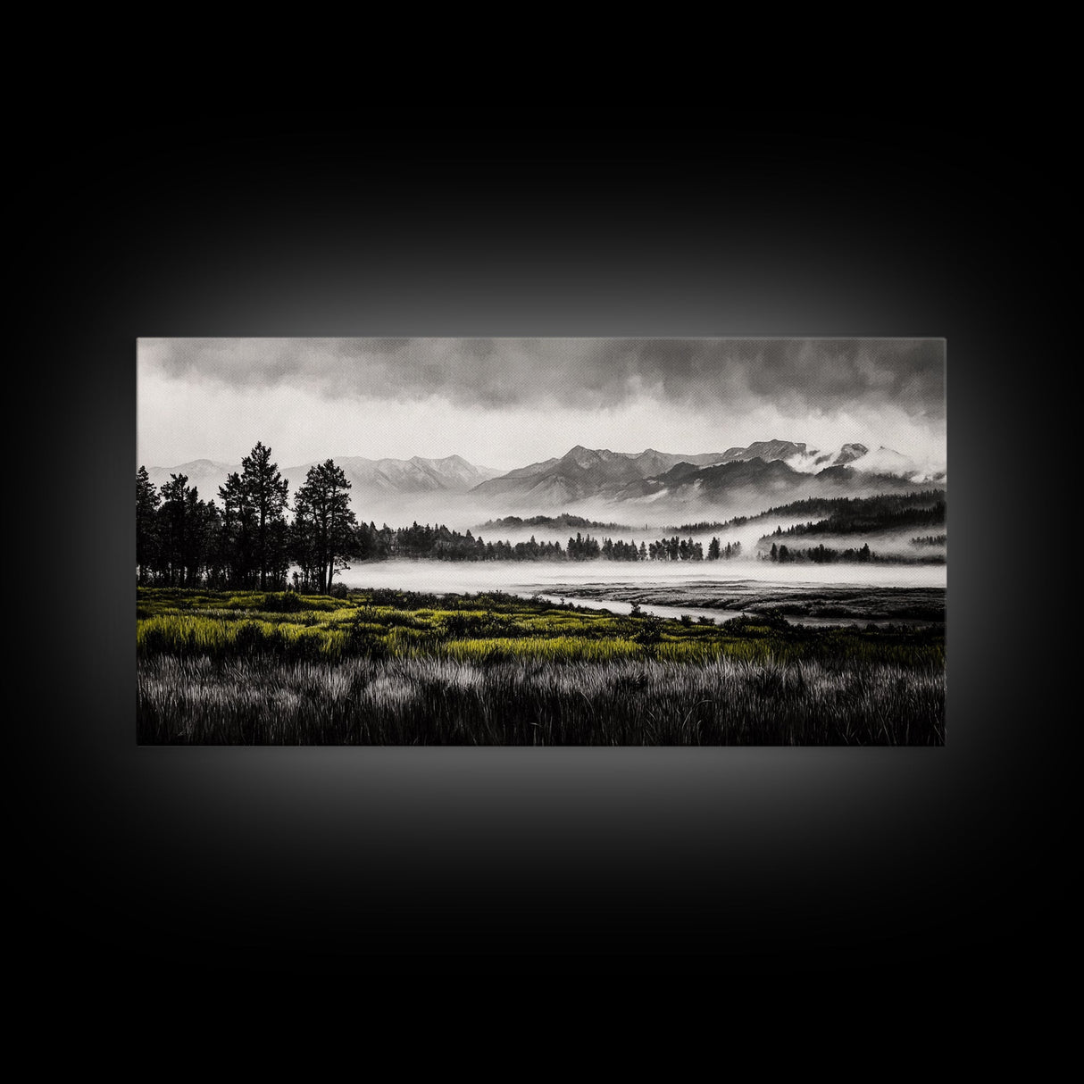 Foggy Forest, Mountain Landscape, Monochrome Wall Art, Framed Canvas Print, Modern Home Decor, Living Room Artwork, Nature Print