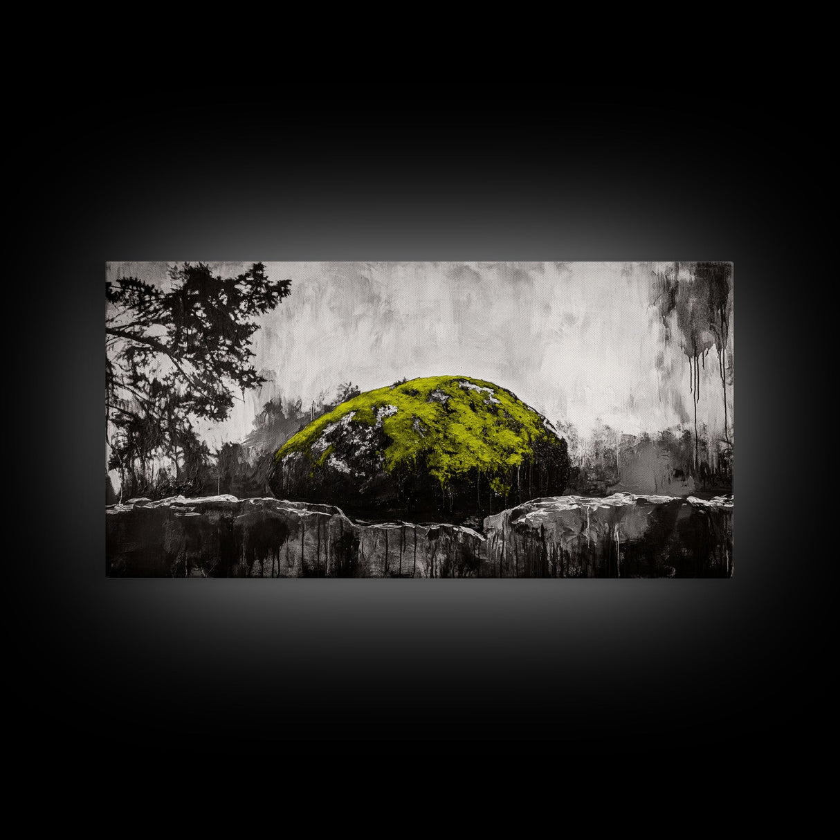 Mossy Rock, Abstract Nature, Green and Black Art, Canvas Print, Rustic Wall Decor, Boho Artwork, Modern Farmhouse Decor