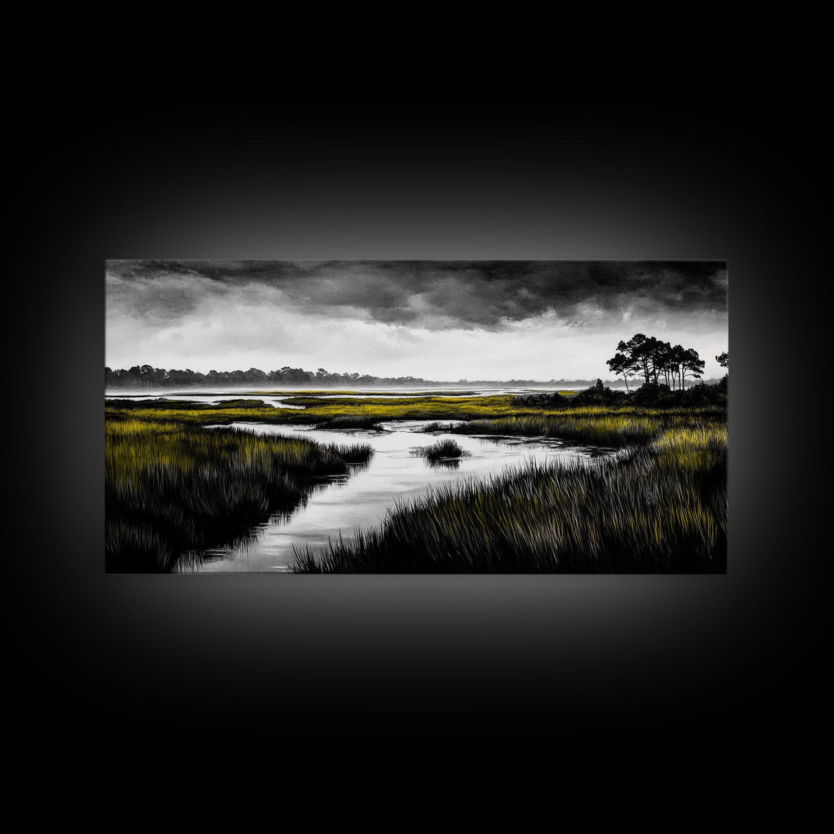Marshland Scene, Serene Landscape, Black and White Nature Art, Modern Decor, Misty Grasslands, Living Room Artwork, Framed Canvas Print