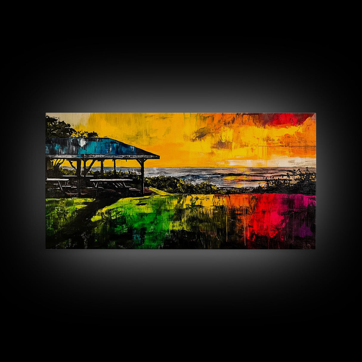 Sunset Pavilion, Coastal Art, Beach Painting, Framed Canvas Print, Vibrant Landscape, Ocean Sunset, Living Room Wall Art, Bold Colors