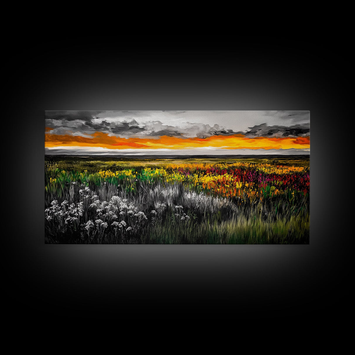 Vibrant Sunset, Colorful Sky, Wildflower Meadow, Framed Canvas Print, Fall Landscape, Nature Art, Living Room Decor, Rustic Warmth