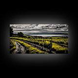 Vineyard View, Rolling Hills, Country Art, Framed Canvas Print, Rustic Landscape, Black White Yellow, Living Room Wall Art, Large Canvas