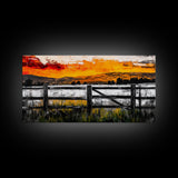 Sunset Fence, Mountain View, Rustic Canvas Print, Large Wall Art, Autumn, Farmhouse Painting, Framed Canvas Print, Moody Home Decor