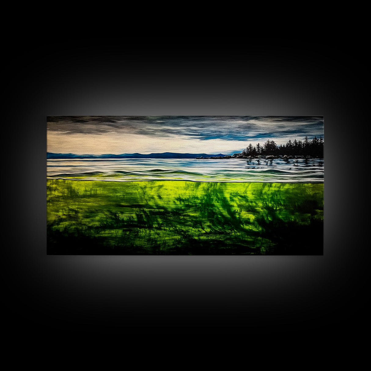 Coastal Reflection, Ocean Shore, Tranquil Seascape, Minimalist Beach Art, Nature Landscape Painting, Bedroom Wall Art, Framed Canvas Print