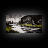 Forest Waterfall, Black and White Landscape, Nature Wall Art, Rustic Lodge Decor, Cabin Home Art, Peaceful River Scene, Canvas Print