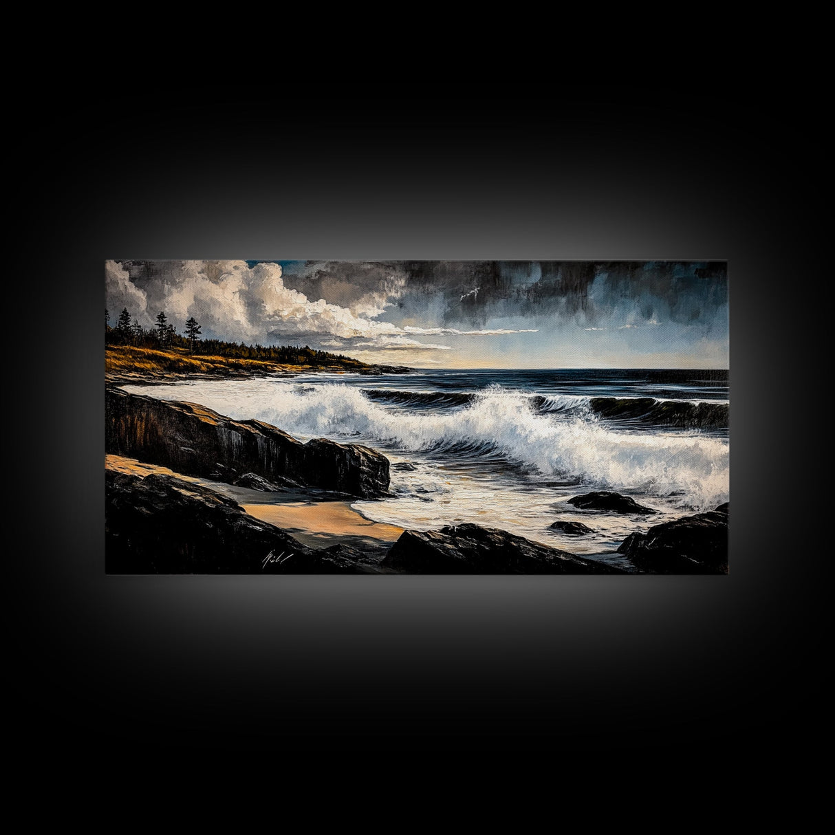 Stormy Waves, Dramatic Seascape, Moody Sky, Framed Canvas Print, Beach House Art, Living Room Wall Art, Modern Coastal Decor