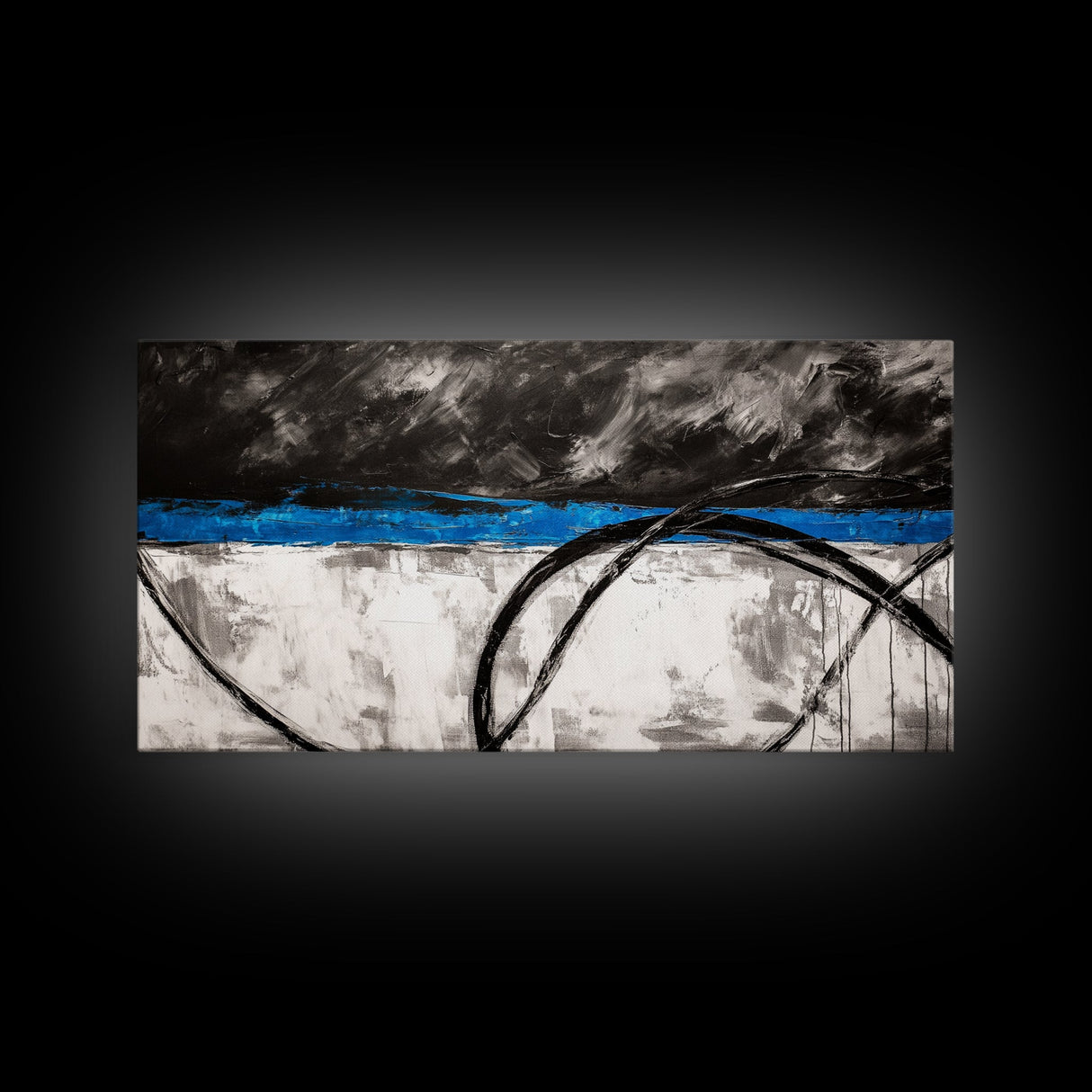 Blue Horizon, Abstract Lines, Framed Canvas Print, Minimalist Painting, Office Wall Art, Geometric Decor, Black and White Aesthetic