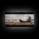 Seashell and Waves, Nautical Art, Coastal Beach Decor, Black and White Seascape, Ocean Home Art, Framed Canvas Print, Elegant Art