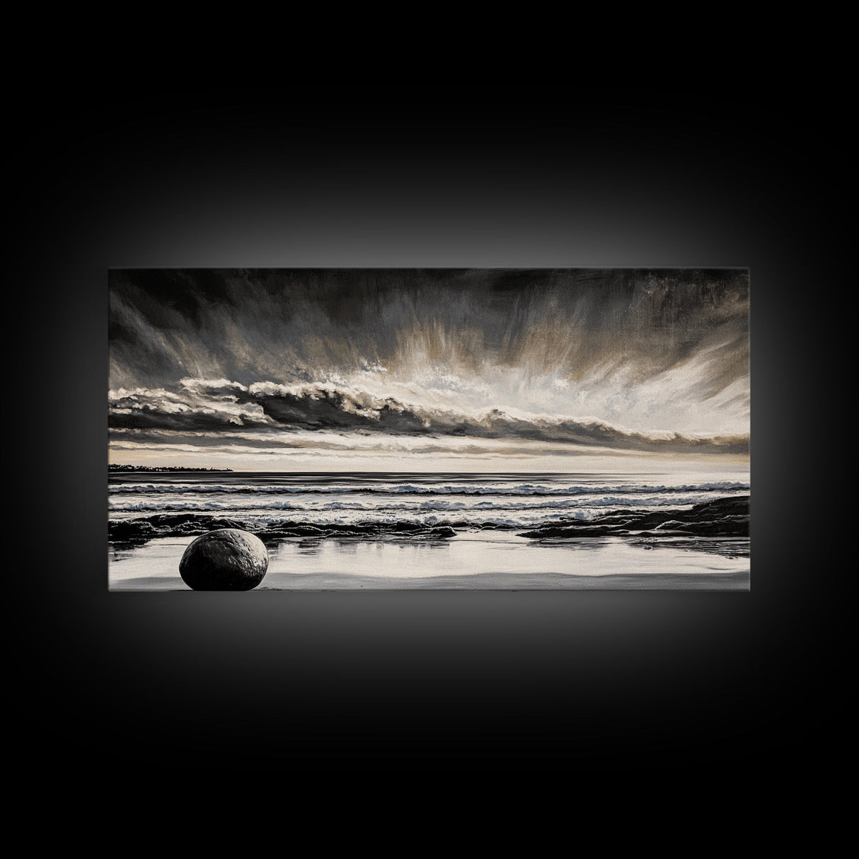 Moody Beach, Black White, Ocean Sunset, Canvas Print, Dramatic Seascape, Coastal Wall Art, Relaxing Home Decor, Living Room Artwork