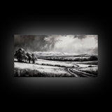 Winter Landscape, Black White, Scenic Country Road, Framed Canvas Print, Serene Nature Art, Rustic Wall Decor, Bedroom Artwork