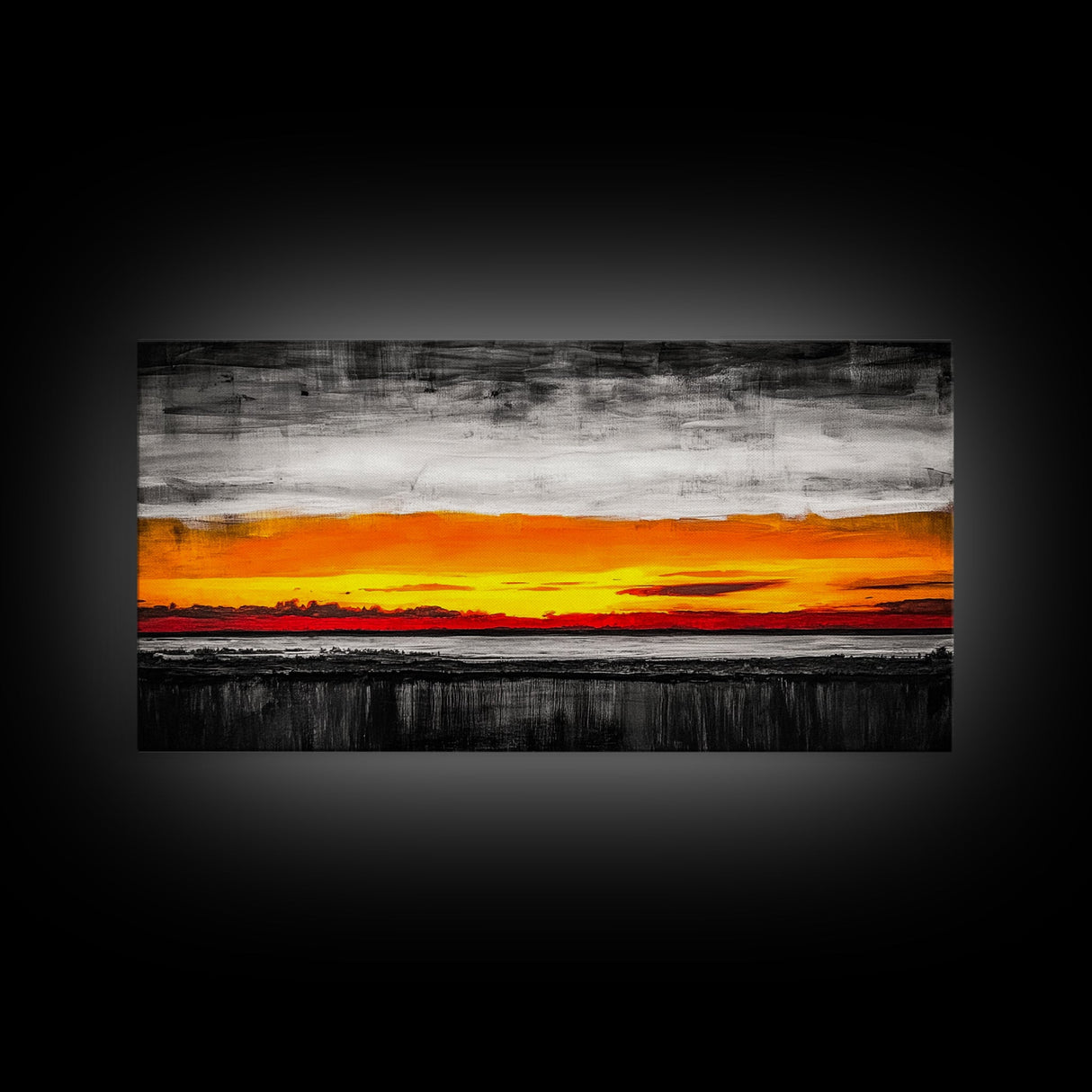 Fiery Sunset, Dramatic Sky, Abstract Landscape, Bold Colors, Modern Expressionism, Vibrant Wall Decor, Warm Tones, Framed Canvas Print