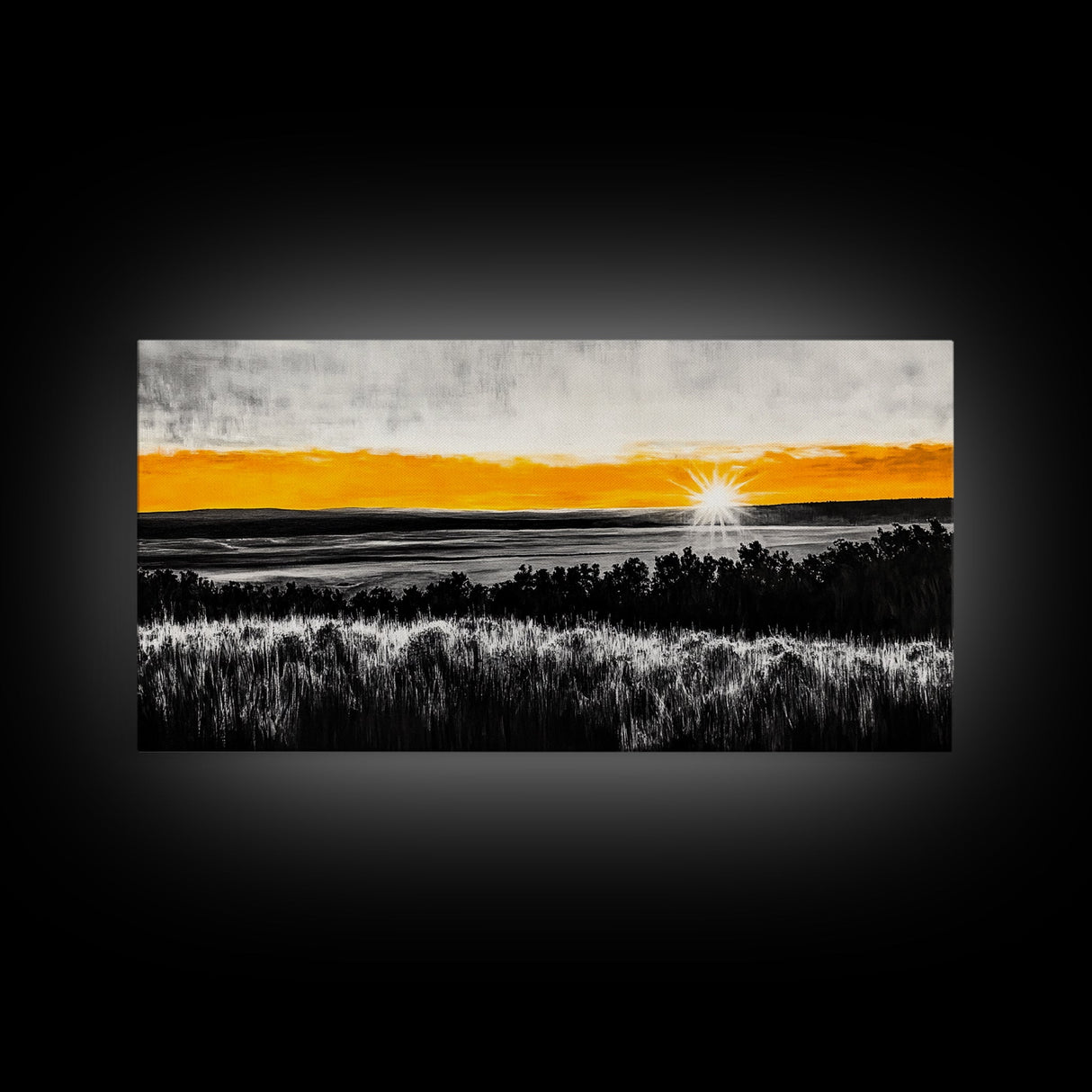 Sunrise Over Fields, Golden Light, Black and White Contrast, Tranquil Scene, Minimalist Wall Art, Warm Tones, Framed Canvas Print