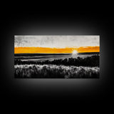 Sunrise Over Fields, Golden Light, Black and White Contrast, Tranquil Scene, Minimalist Wall Art, Warm Tones, Framed Canvas Print