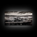 Marshland, Serene, Nature, Black and White, Framed Canvas Print, Landscape Painting, Rustic Wall Art, Cabin Decor, Neutral Tone Art