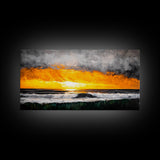 Ocean Sunset, Dramatic Clouds, Beach Waves, Framed Canvas Print, Coastal Wall Art, Living Room Art, Large Wall Decor