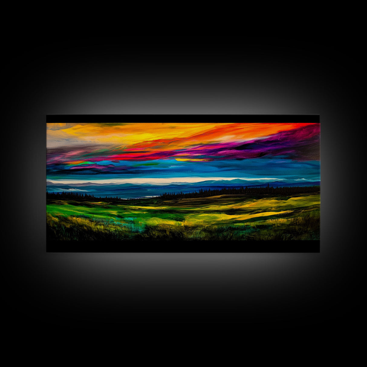 Mountain Sunset, Vibrant Colorful Sky, Nature Painting, Canvas Print, Boho Wall Art, Living Room Wall Art, Large Landscape Decor