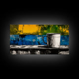 Abstract Mug Art, Colorful Kitchen Decor, Coffee Lover Gift, Modern Wall Art, Framed Canvas Print, Vibrant Home Accent