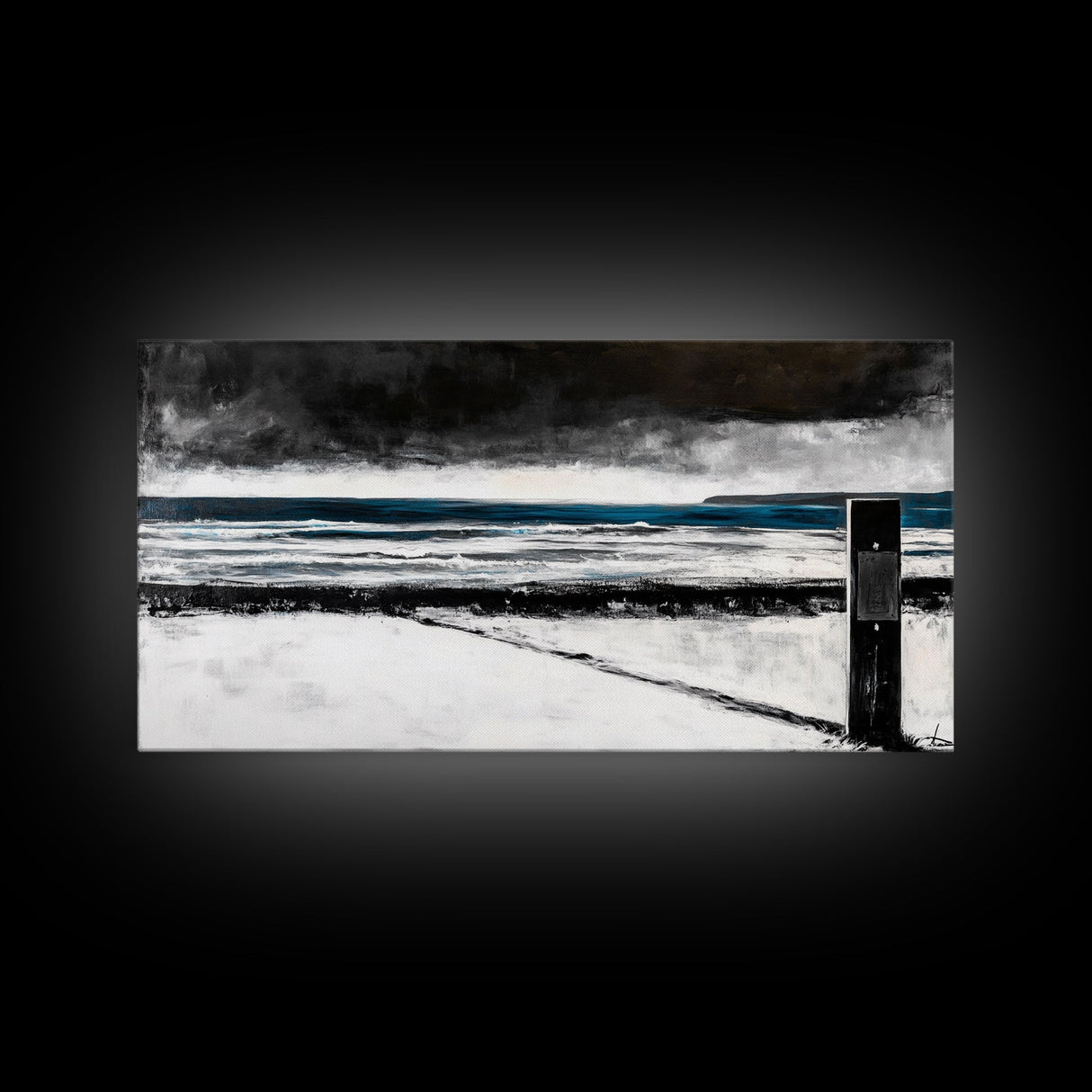 Stormy Beach Scene, Moody Ocean Painting, Coastal Wall Art, Dark Seascape Print, Framed Canvas Print, Dramatic Home Decor