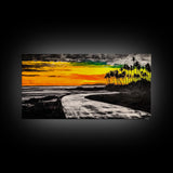Tropical Beach, Sunset Painting, Ocean Horizon, Modern Coastal Decor, Palm Tree Art, Framed Canvas Print, Living Room Wall Art, Beach Scene