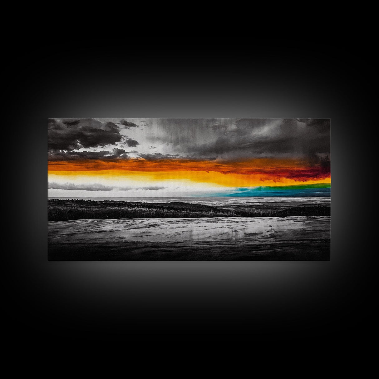 Sunset Horizon, Dramatic Sky, Abstract, Modern Nature Art, Living Room Wall Art, Framed Canvas Print, Colorful Painting, Scenic View