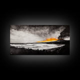 Volcano Eruption, Dramatic Landscape Art, Black and White Wall Art, Fiery Sunset Painting, Large Framed Canvas Print, Office Decor