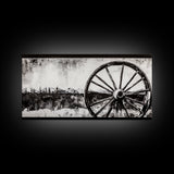 Wagon Wheel, Mountain Landscape, Black and White Western Art, Rustic Home Decor, Framed Canvas Print, Farmhouse Living Room Art