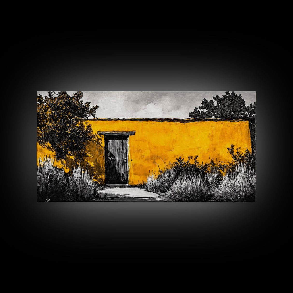 Adobe House, Southwestern Art, Yellow Wall Painting, Rustic Desert Decor, Black and White Canvas Print, Living Room Wall Art