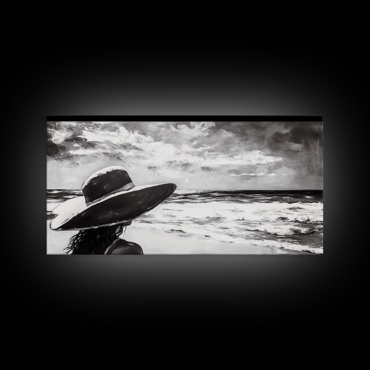 Woman at Beach, Black and White Wall Art, Minimalist Canvas Print, Modern Coastal Decor, Ocean View Art, Living Room Wall Art