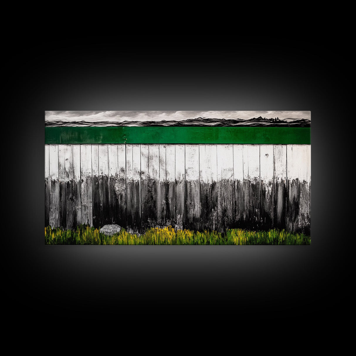 Rustic Fence, Green Landscape, Modern Country Art, Black and White with Color, Nature Inspired, Farmhouse Decor, Serene View, Canvas Print
