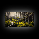 Forest Pathway, Autumn Woodland, Yellow Foliage, Moody Nature Art, Black and White, Peaceful Retreat, Cabin Wall Decor, Framed Canvas Print