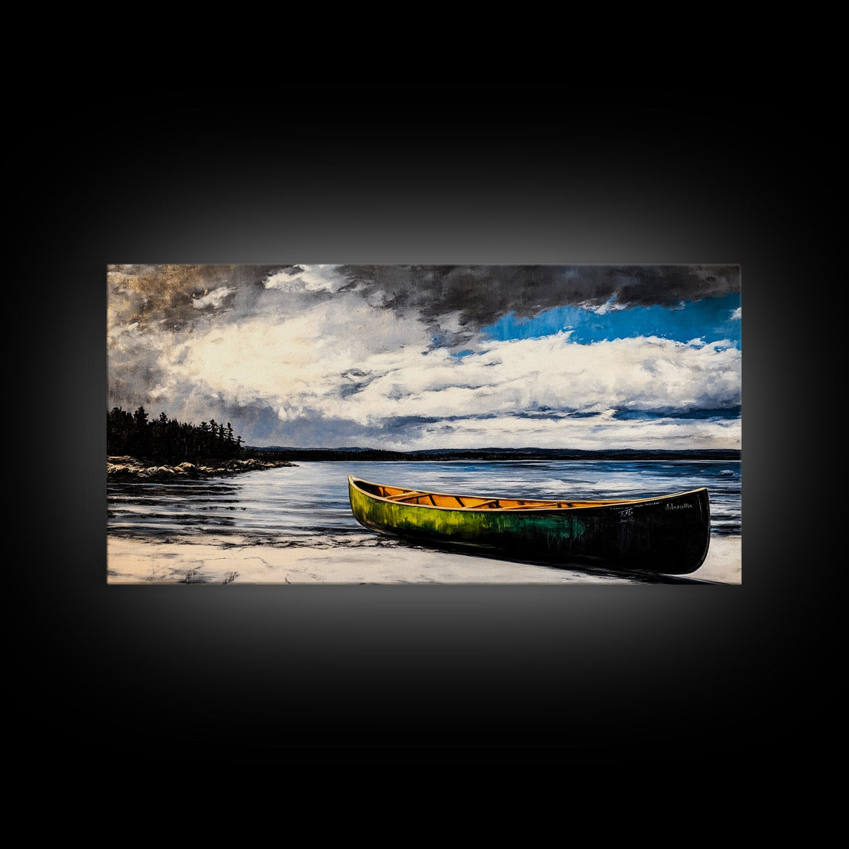 Green Canoe, Tranquil Art, Lake Landscape, Serene Cabin Wall Art, Adventure Home Decor, Living Room Art, Framed Canvas Print
