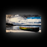 Green Canoe, Tranquil Art, Lake Landscape, Serene Cabin Wall Art, Adventure Home Decor, Living Room Art, Framed Canvas Print