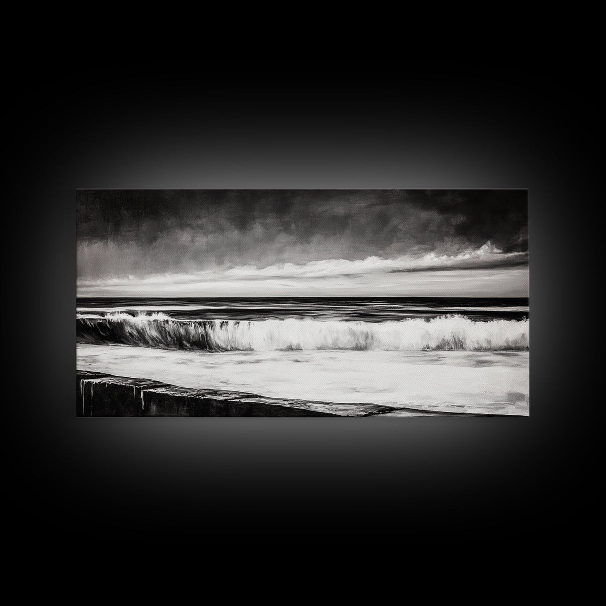 Monochrome Ocean, Rolling Waves, Black and White Beach Art, Framed Canvas Print, Minimalist Seascape, Coastal Wall Decor, Bedroom Art