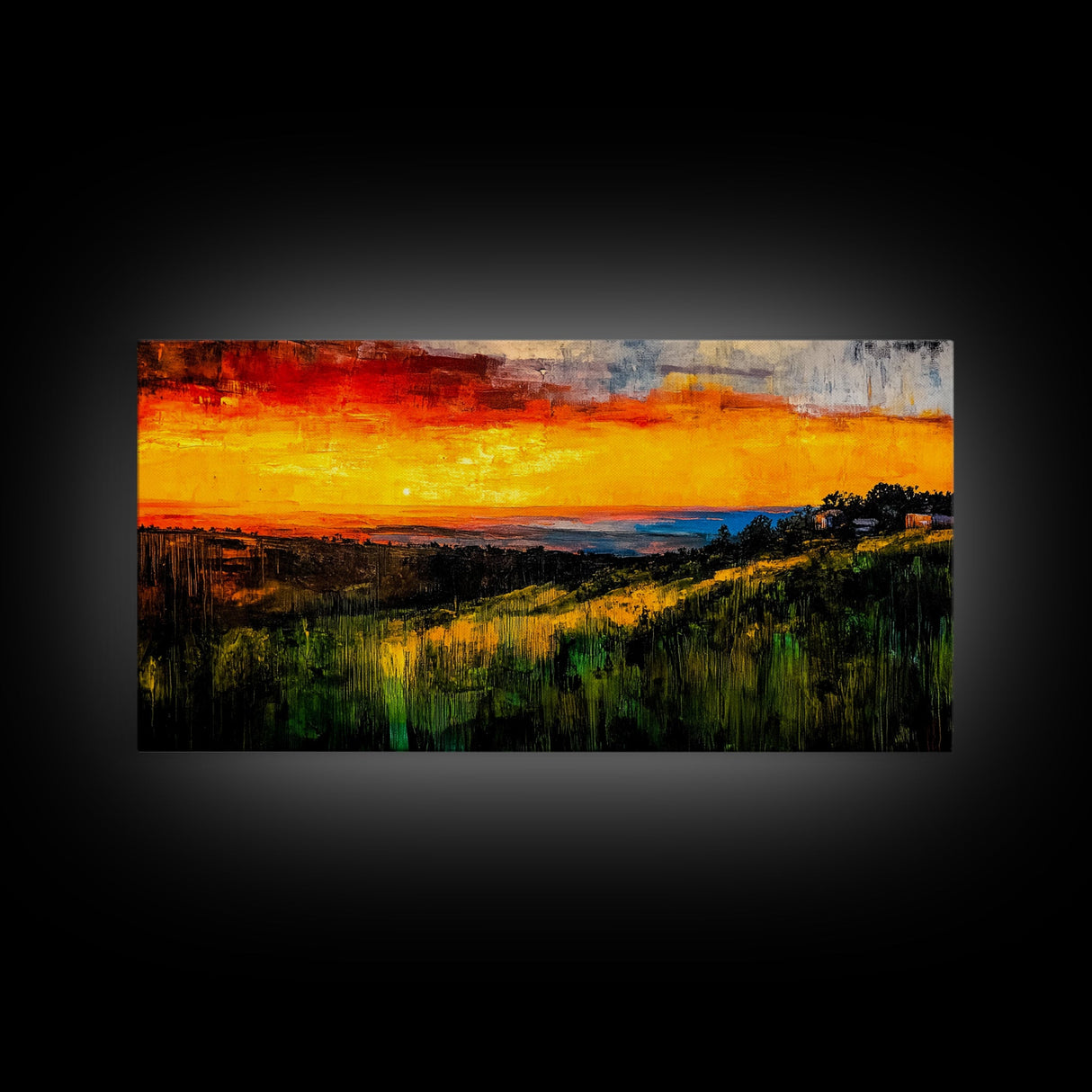 Golden Sunset, Rolling Hills, Vibrant Landscape, Canvas Print, Nature Wall Art, Living Room Decor, Warm Autumn Tones, Rustic Artwork