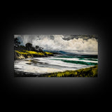 Foggy Shoreline, Rolling Waves, Coastal Landscape, Framed Canvas Print, Beach House Wall Art, Minimalist Decor, Modern Seascape Art