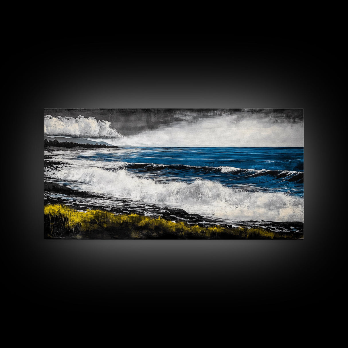 Tropical Shore, Emerald Waters, Stormy Sky, Canvas Print, Coastal Wall Art, Beach House Decor, Ocean Painting, Living Room Artwork