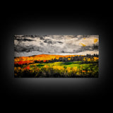 Fall Mountain View, Golden Forest Landscape, Moody Sky Painting, Rustic Country Art, Autumn Scene, Vibrant Wall Decor, Framed Canvas Print