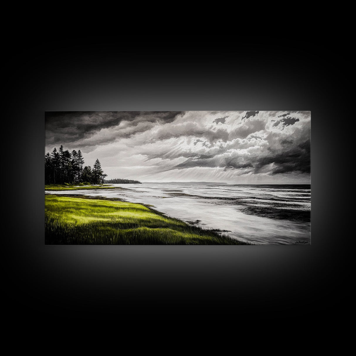 Stormy Beach, Coastal Horizon, Monochrome Landscape, Framed Canvas Print, Minimalist Art, Modern Living Room Decor, Dramatic Ocean Scene