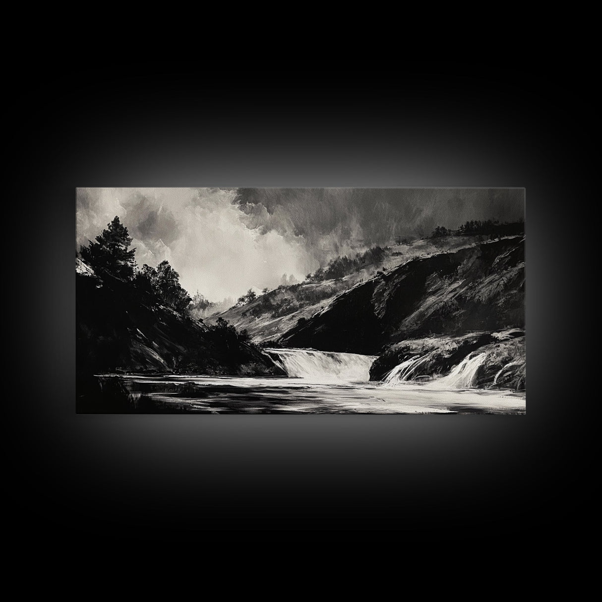 Waterfall Painting, Dramatic Nature, Mountain River, Framed Canvas Print, Monochrome Art, Nature Decor, Lodge Wall Art, Rustic Home