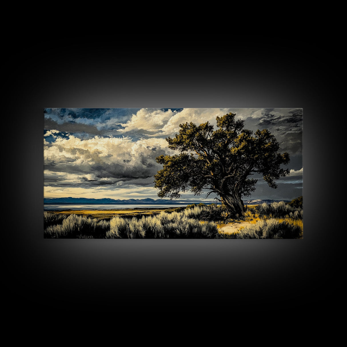 Solitary Tree, Dramatic Sky, Western Landscape, Rustic Nature, Southwest Art, Framed Canvas Print, Living Room Decor, Bold Earthy Painting