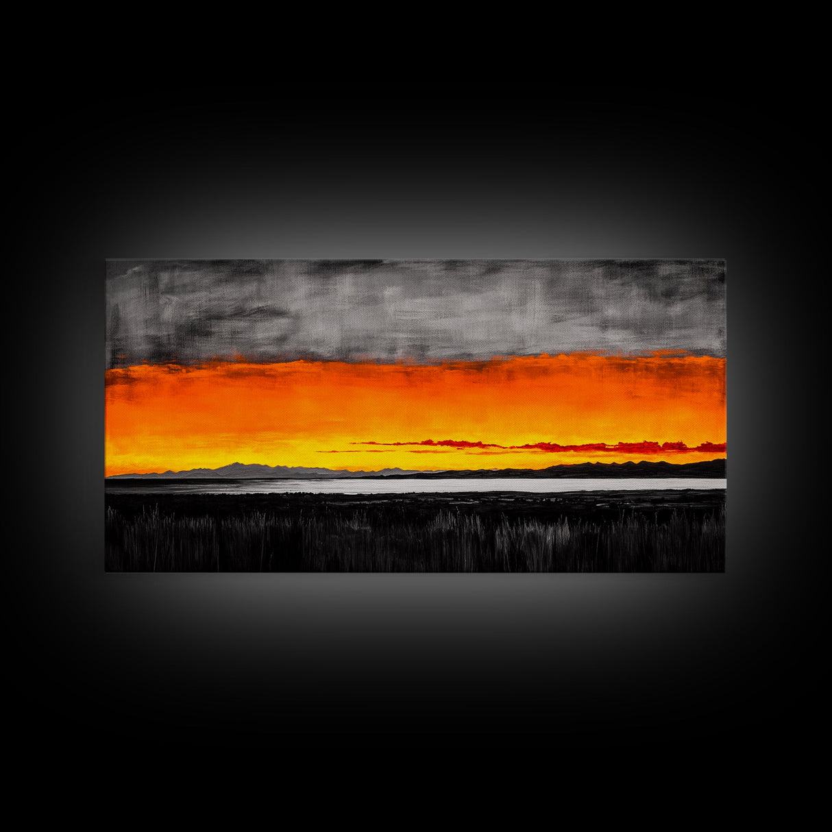 Sunset Glow, Dramatic Sky, Scenic Landscape, Bold Colors, Rustic Nature, Framed Canvas Print, Fall Decor, Living Room Wall Art