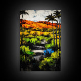 Tropical Landscape, Palm Trees, Sunset Glow, Framed Canvas Print, Vibrant Wall Art, Living Room Decor, Modern Colorful Art, Nature Scene