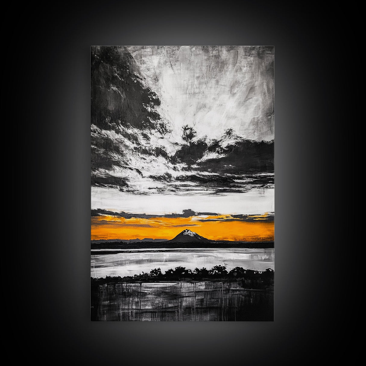 Volcanic Sunset, Black and White, Dramatic Sky, Framed Canvas Print, Moody Wall Art, Modern Landscape, Office Decor, Nature Aesthetic