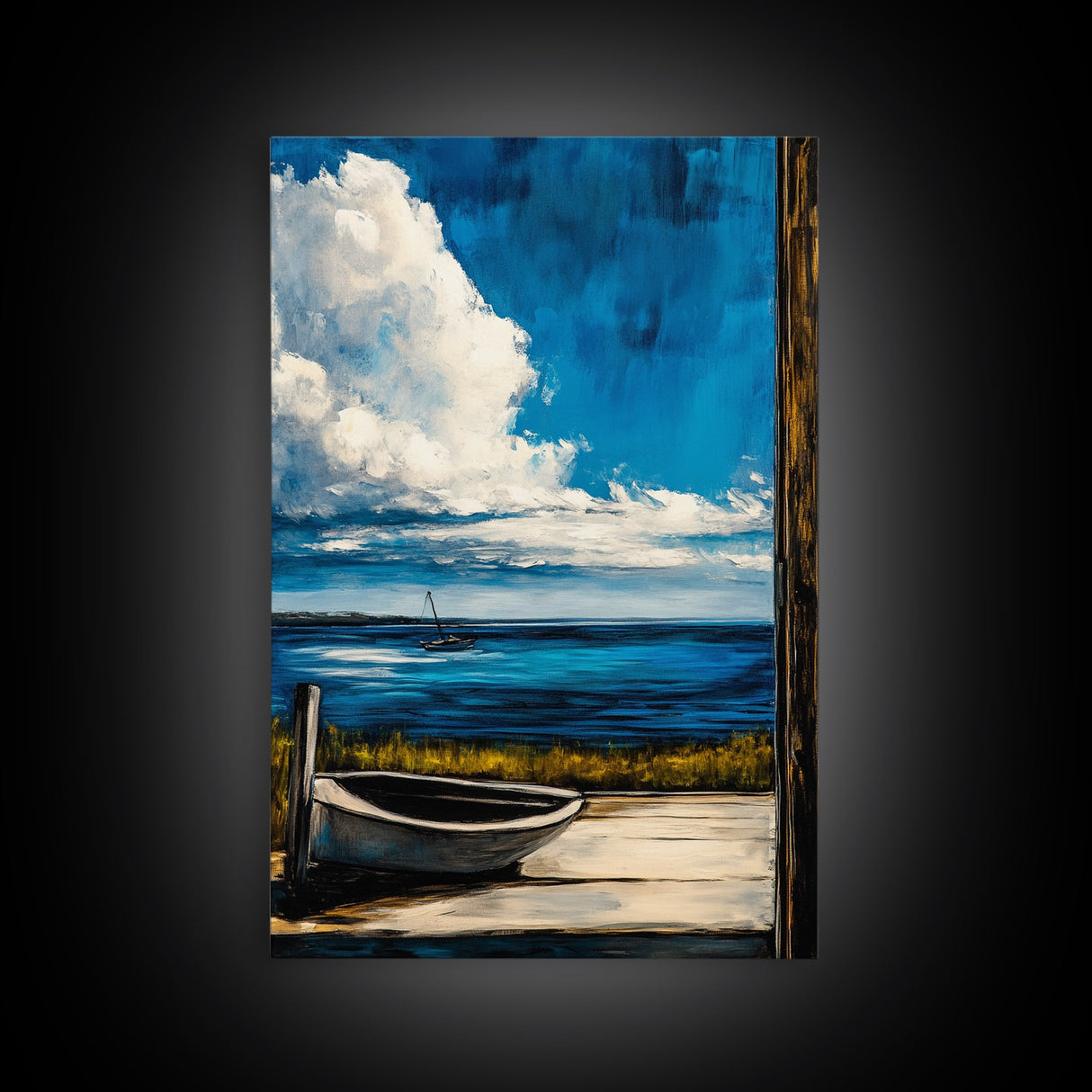 Seaside Serenity, Wooden Dock, Tranquil View, Framed Canvas Print, Ocean Wall Art, Coastal Living, Beach House Decor, Nautical Aesthetic