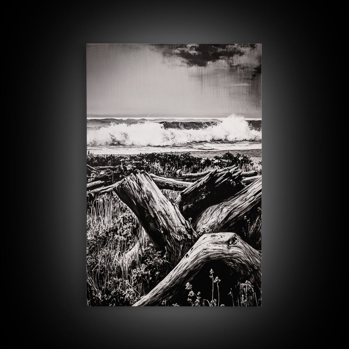 Ocean Waves, Stormy Sky, Framed Canvas Print, Coastal Wall Art, Black and White Seascape, Beach House Decor, Nautical Art, Modern Style