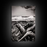 Ocean Waves, Stormy Sky, Framed Canvas Print, Coastal Wall Art, Black and White Seascape, Beach House Decor, Nautical Art, Modern Style