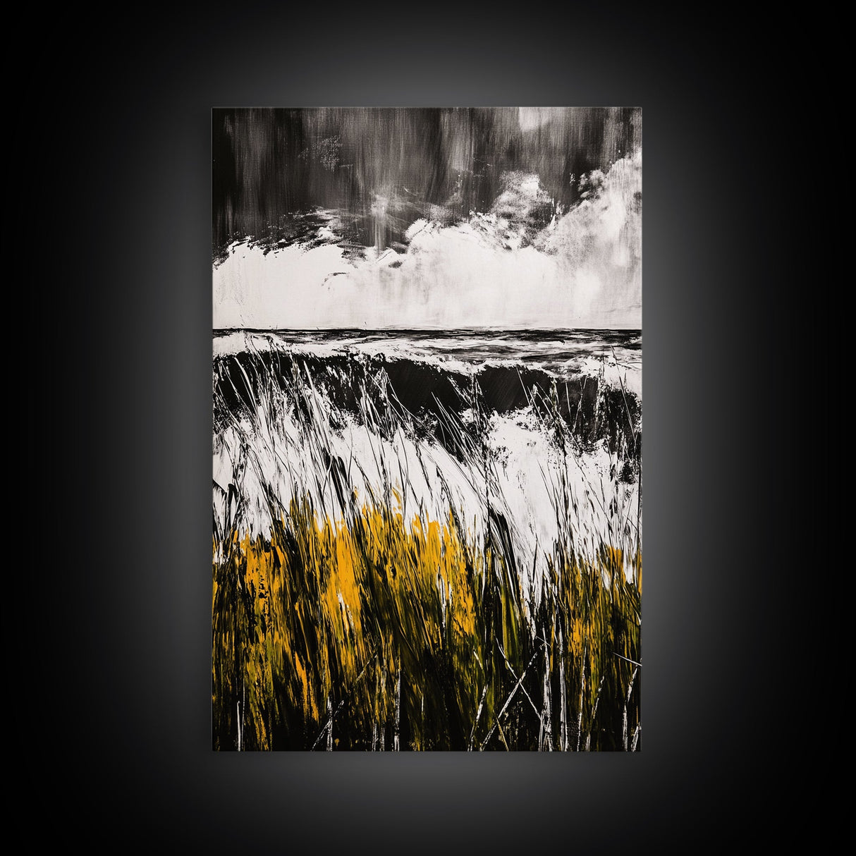 Ocean, Grass, Stormy Weather, Framed Canvas Print, Black and White Seascape, Modern Minimalist Art, Coastal Living, Neutral Wall Decor