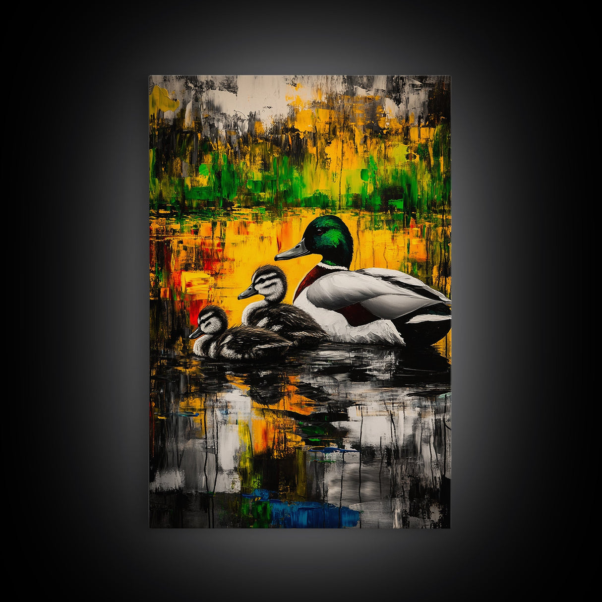 Ducks Pond Nature, Framed Canvas Print, Wildlife Art, Vibrant Watercolor Style, Rustic Wall Decor, Country Home Art, Gift Idea